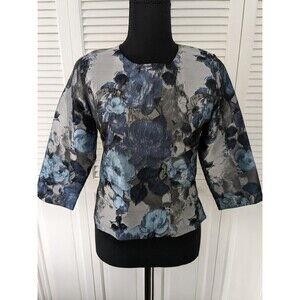 Wear & Flair Top Women's sz S Satiny Brocade Jacket Blouse Back Zip Blue Career